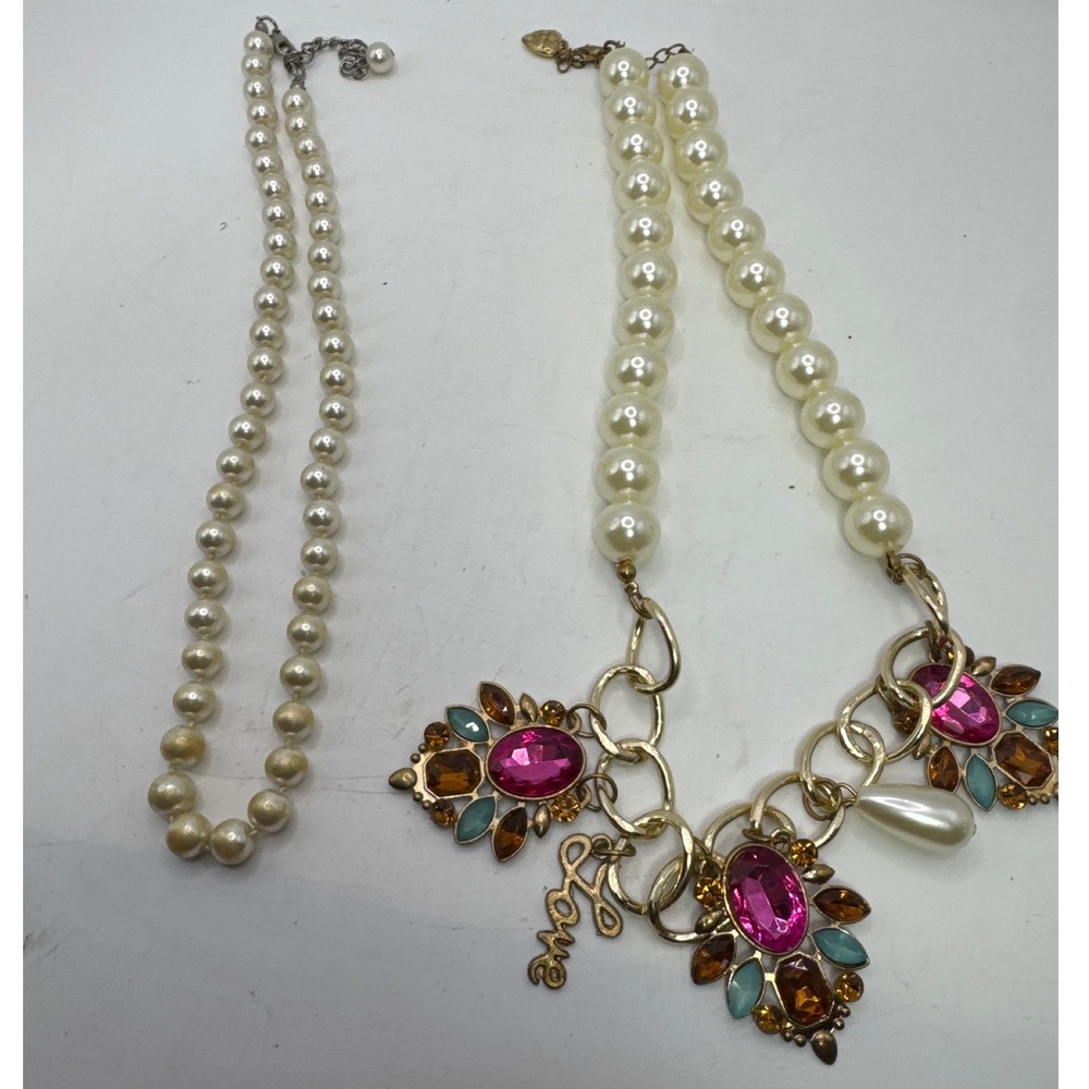 Betsey Johnson Faux Pearl Statement Necklace Bundle Pink Crystal Love Heart Gold